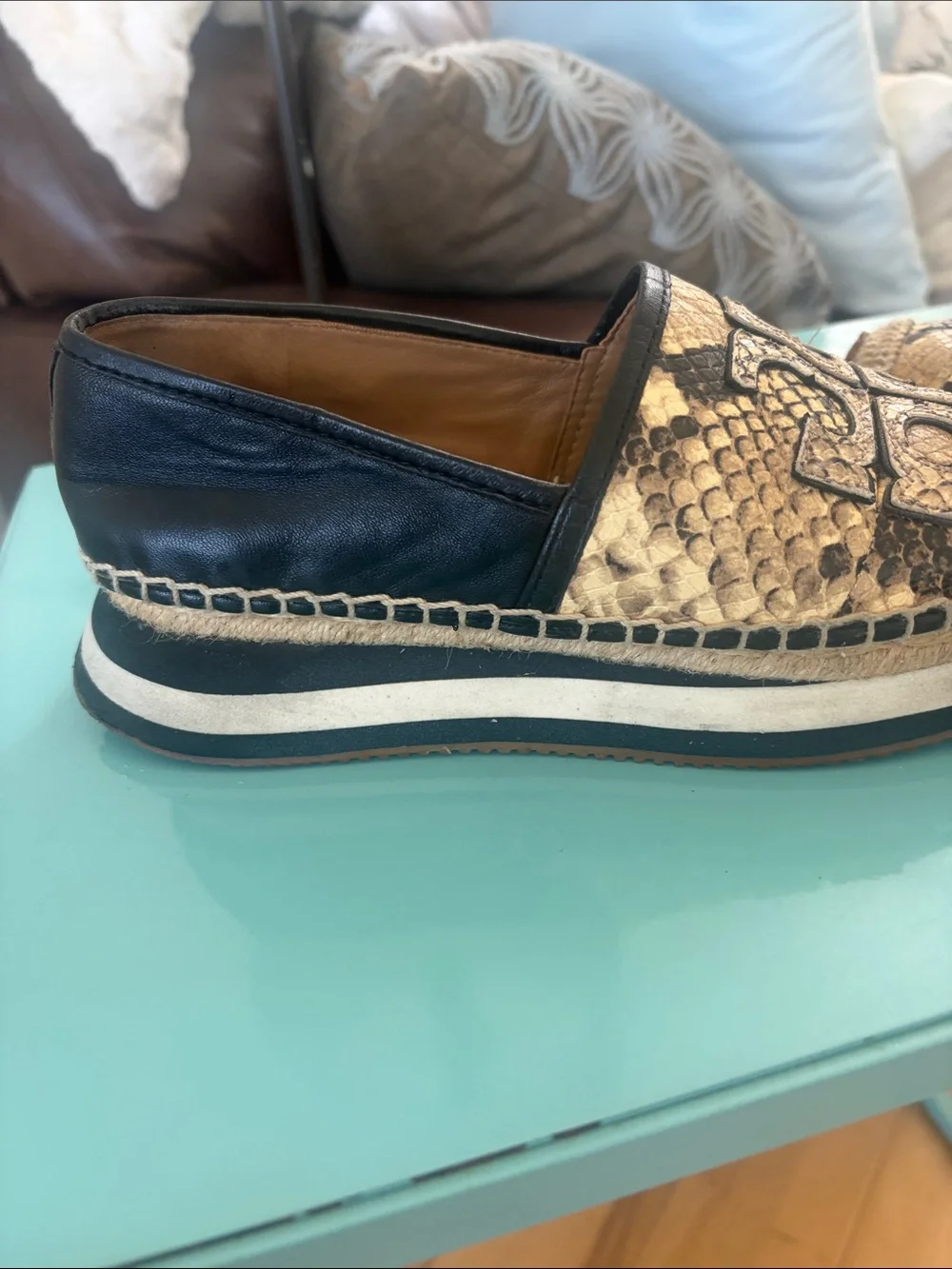 Tory Burch Beige and Black Snake-Print Slip-On Leather Espadrilles